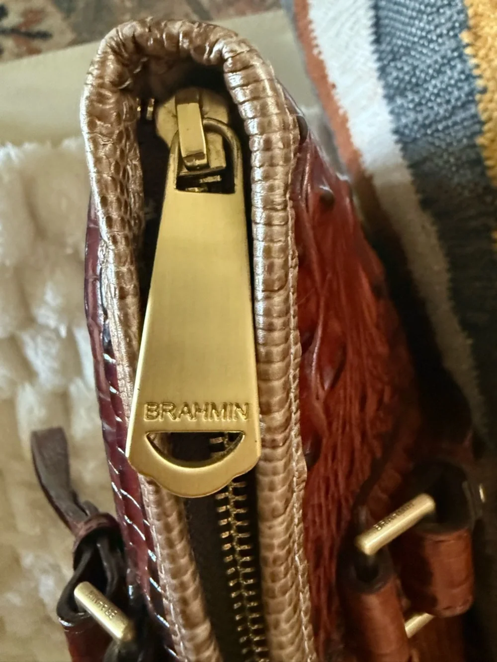 Brahmin Asher Tote Pecan Cream Croc Embossed Leather Bag VGUC - Picture 5 of 16